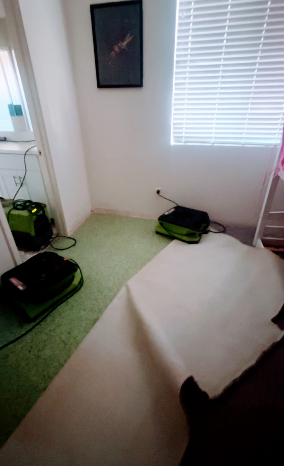 Water damage restoration equipment in a bedroom